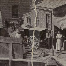 Picture 57 – James Golding (Darling) and employees behind Brampton Bakery (Queen Street Bakery), Etobicoke Creek below, circa 1900. Image provided by Lynne Golding