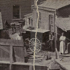 Picture 57 – James Golding (Darling) and employees behind Brampton Bakery (Queen Street Bakery), Etobicoke Creek below, circa 1900. Image provided by Lynne Golding